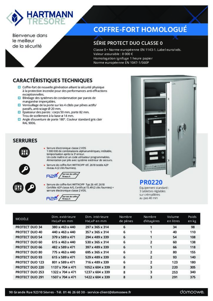 Documentation coffre-fort Hartmann Tresore Protect Duo A2p Classe 0